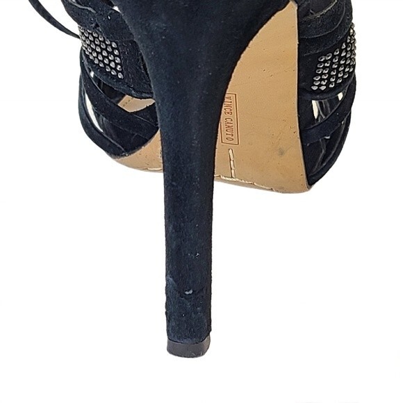 Vince Camuto Embellished Black Suede Caged Strappy Heels 7.5 - Picture 11 of 15